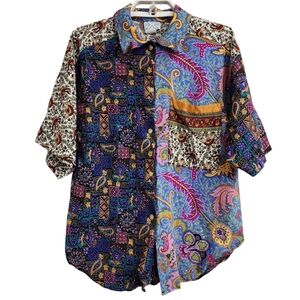 Vtg 2XS Brand Patchwork Blouse Mixed Media Print Button Up Top Floral Paisley